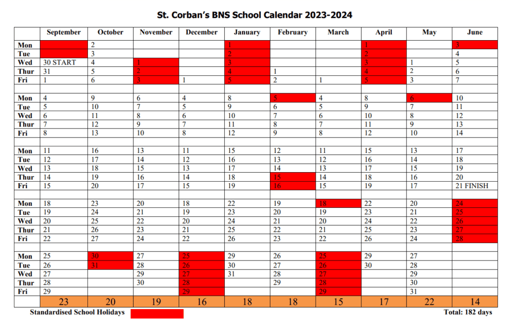 Calendar St Corban s BNS
